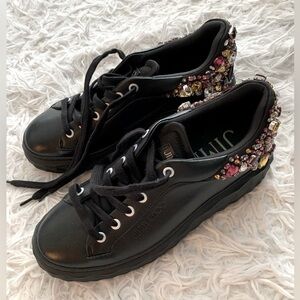 NEW Jimmy Choo women black leather sneakers with embellished hand stitched jewel